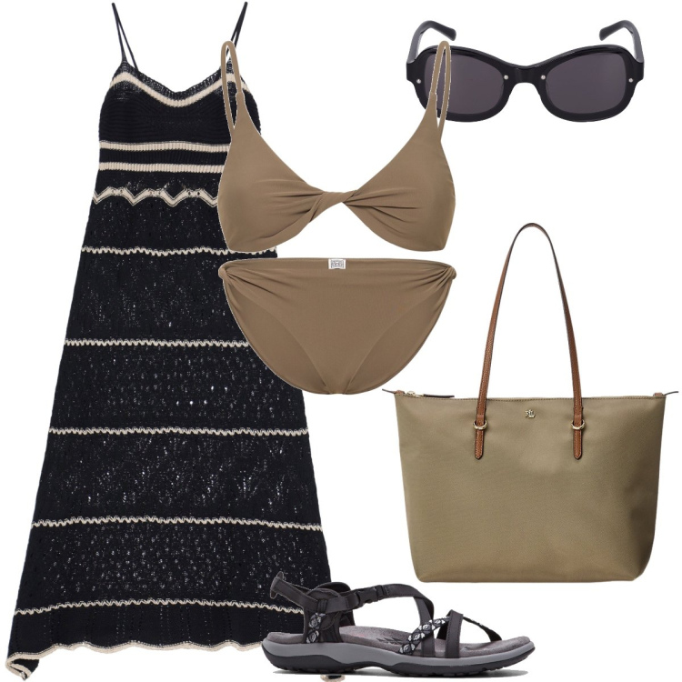 Outfit donna - Apericena in spiaggia. Stile Bon Ton per Mare. Abbinamento con sandali, vestiti lunghi, borse tote, bikini, bikini, occhiali da sole.