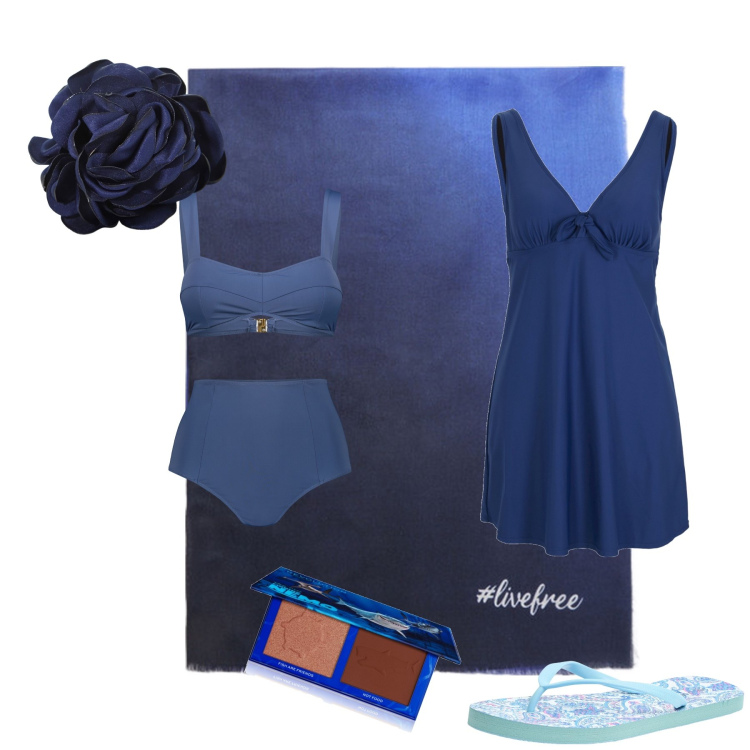 Outfit donna - In blu sulla sabbia. Stile Chic per Mare. Abbinamento con vestiti da spiaggia, terre, infradito, braccialetti, sciarpe, bikini.