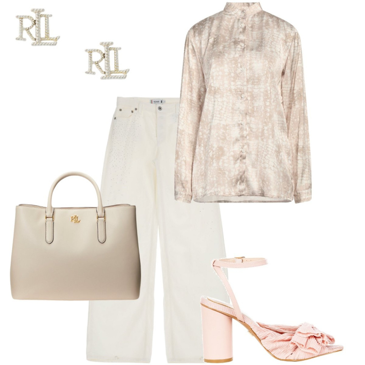 Outfit donna - Sofisticata in ufficio. Stile Chic per Ufficio. Abbinamento con camicie, sandali col tacco, pantaloni, orecchini, borse a mano.
