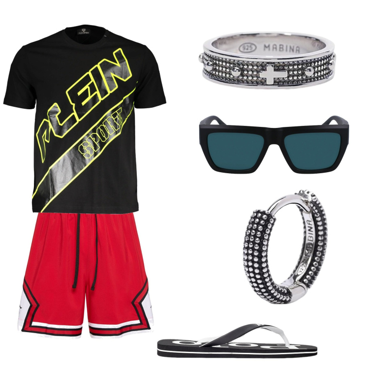 Outfit uomo - Uscite calde. Stile Casual per Tutti i giorni. Abbinamento con orecchini, anelli, sandali, t-shirt, shorts, occhiali da sole.