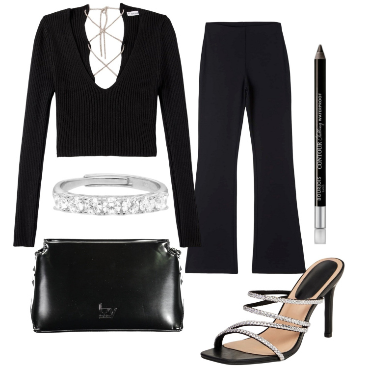 Outfit donna - Il sandalo gioiello. Stile Chic per Serata fuori. Abbinamento con eyeliner, pantaloni, maglieria, sandali col tacco, anelli, borse a tracolla.