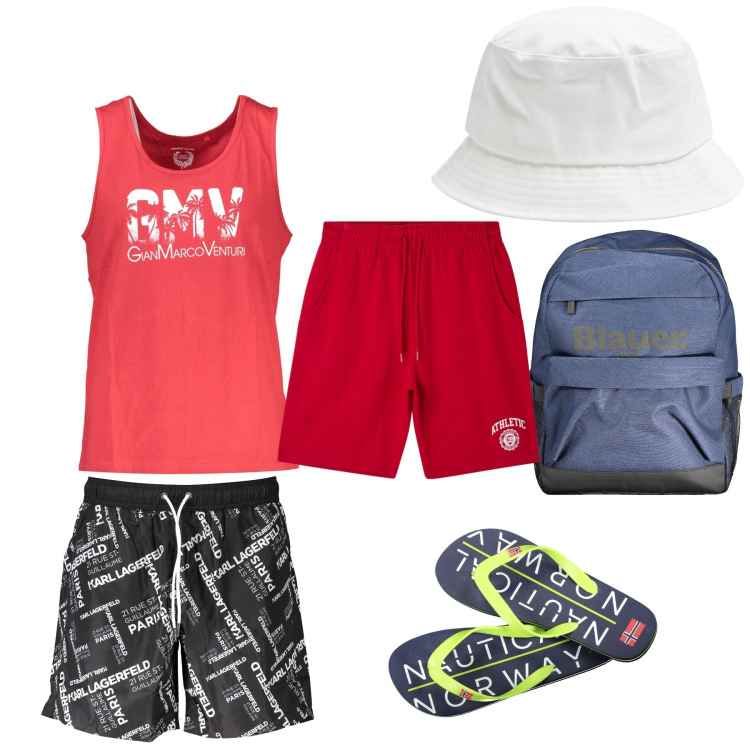 Outfit uomo - Giornata al mare. Stile Casual per Mare. Abbinamento con cappelli, bermuda, costumi, sandali, canottiere, borse sportive.