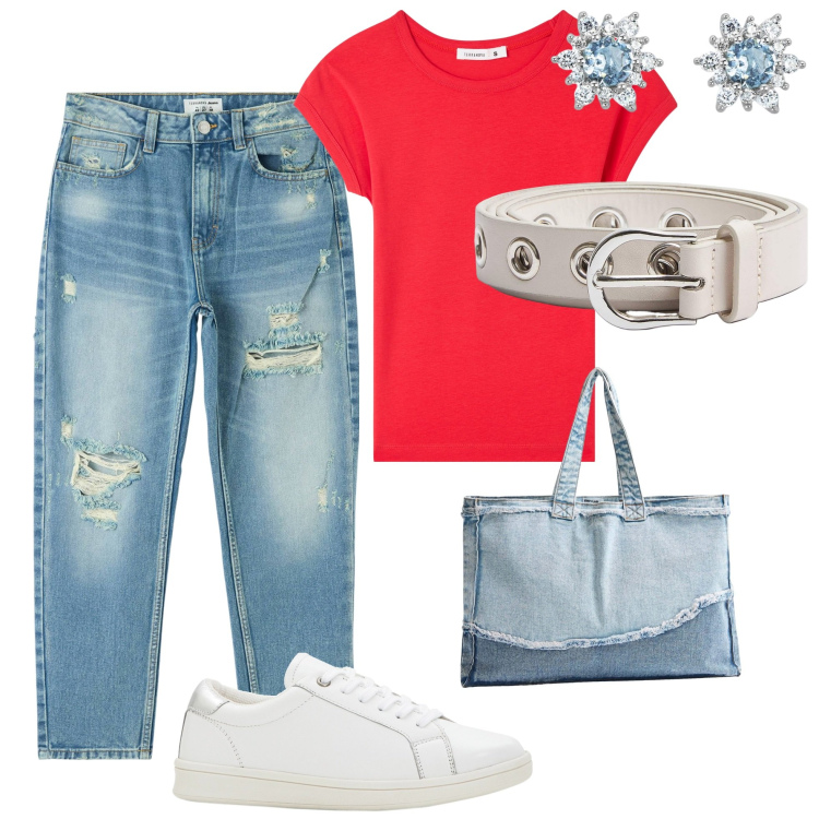 Outfit donna - Total look #1904307. Stile Basic per Tutti i giorni. Abbinamento con sneakers, t-shirt, jeans mom, shopping bag, cinture, orecchini.