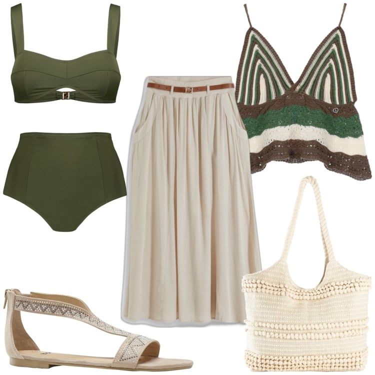 Outfit donna - Total look #1904320. Stile Etnico per Mare. Abbinamento con gonne lunghe, shopping bag, sandali, top, bikini.
