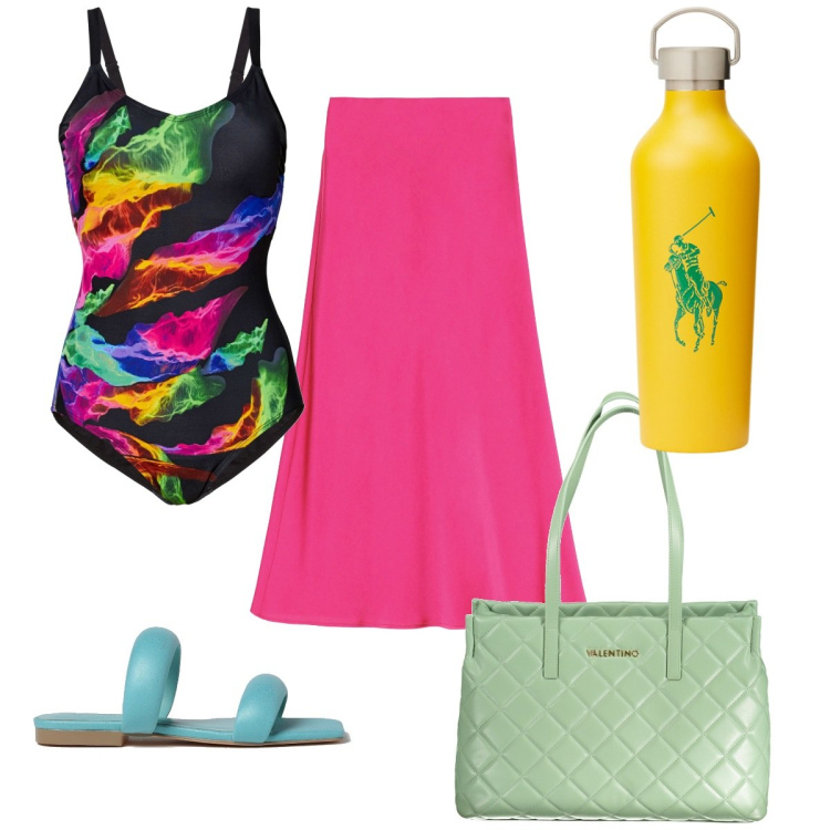 Outfit donna - Total look #1904324. Stile Trendy per Mare. Abbinamento con costumi interi, gonne longuette, anelli, borse a spalla, sandali in pelle.
