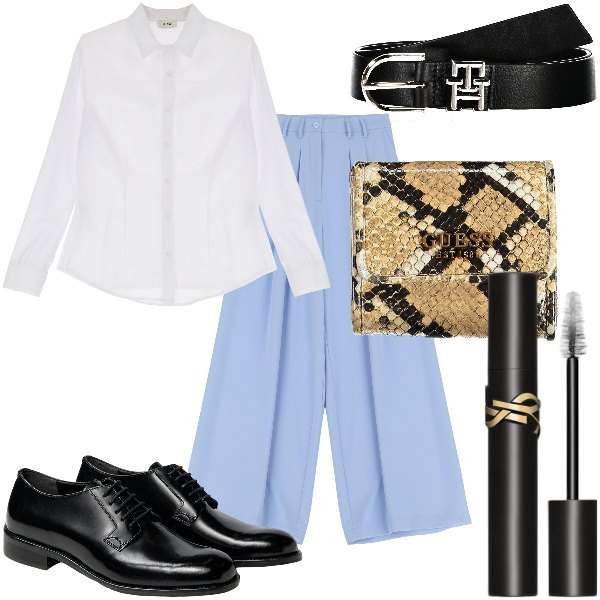Outfit donna - Total look #1904325. Stile Mannish per Ufficio. Abbinamento con mascara, camicie, pantaloni a palazzo, scarpe stringate, portafogli, cinture.