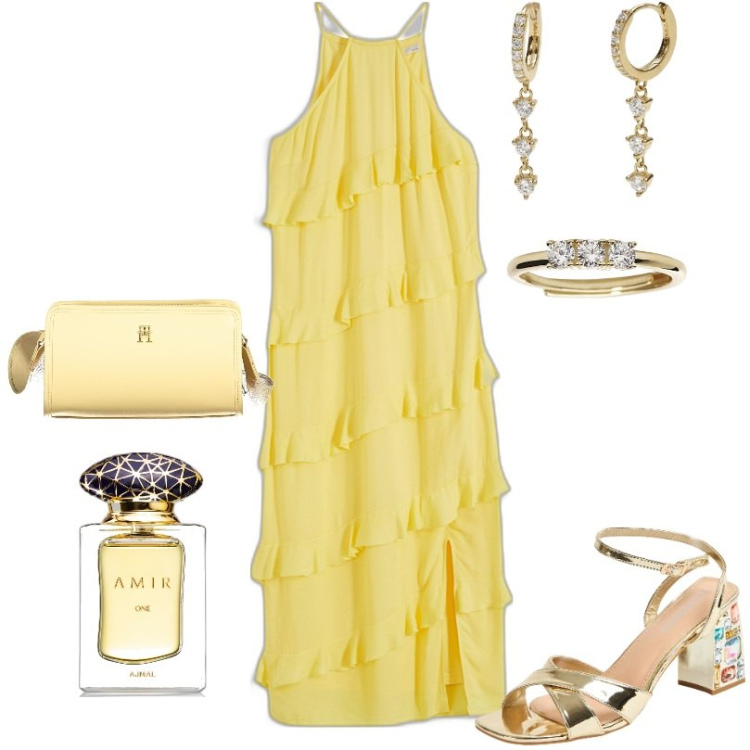 Outfit donna - Sandali con tacco con pietre Oro. Stile Romantica per Tutti i giorni. Abbinamento con vestiti lunghi, profumi, sandali gioiello, orecchini, anelli, borse a tracolla.
