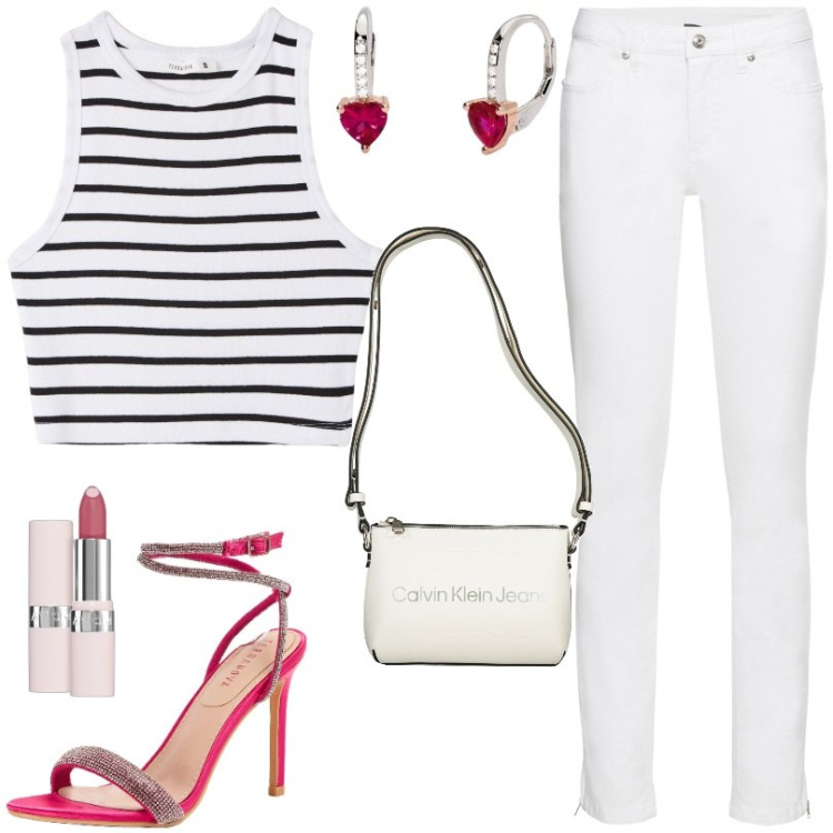 Outfit donna - Top a righe e Jeans elasticizzati. Stile Casual per Tutti i giorni. Abbinamento con jeans skinny, rossetti, sandali col tacco, top, orecchini, borse a tracolla.