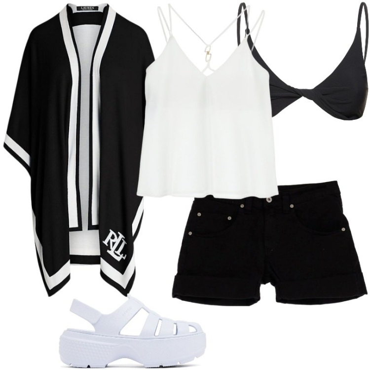 Outfit donna - l\'abbinamento più classico bianco/nero. Stile Casual per Mare. Abbinamento con canottiere, shorts, cappe, bikini, sandali.