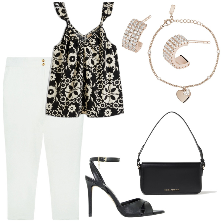 Outfit donna - Leggera. Stile Casual chic per Tutti i giorni. Abbinamento con top, orecchini, braccialetti con ciondoli, décolleté, pantaloni, borse a spalla.