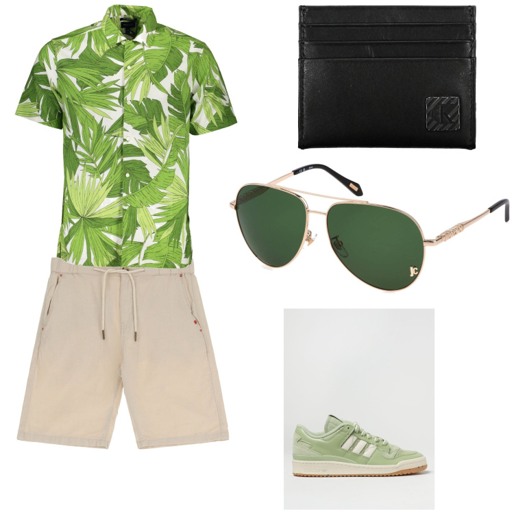 Outfit uomo - W l'estate. Stile Casual per Tutti i giorni. Abbinamento con bermuda, camicie a manica corta, sneakers, occhiali da sole, portafogli.