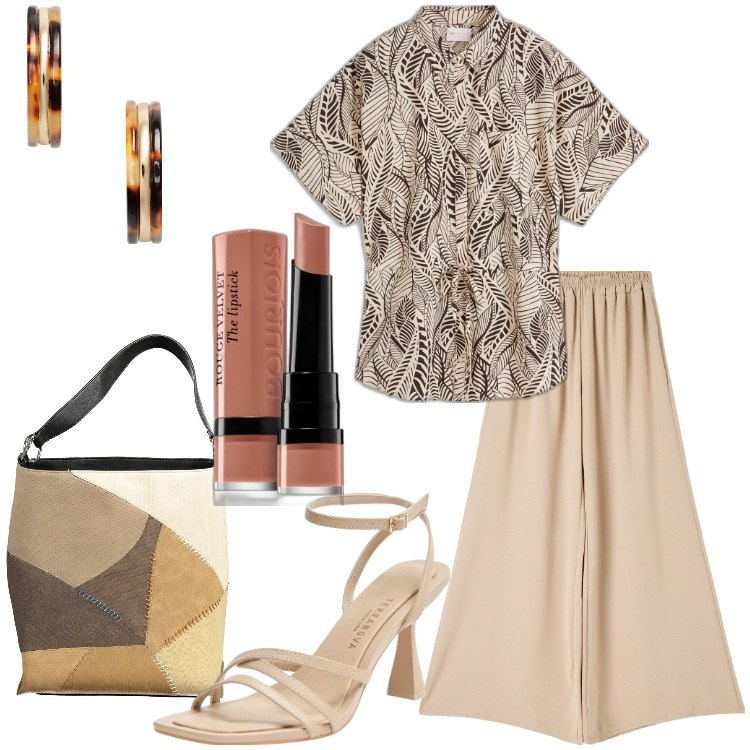 Outfit donna - Leggerezza. Stile Casual chic per Tutti i giorni. Abbinamento con camicie, rossetti, pantaloni, sandali col tacco, orecchini, borse a spalla.