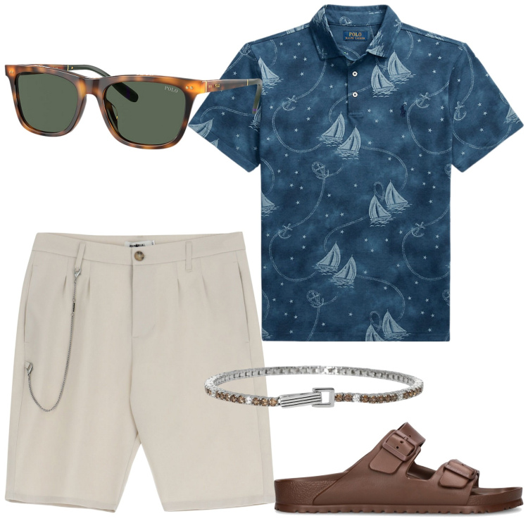 Outfit uomo - Total look #1904402. Stile Casual per Tutti i giorni. Abbinamento con braccialetti, bermuda, polo, occhiali da sole, sandali.