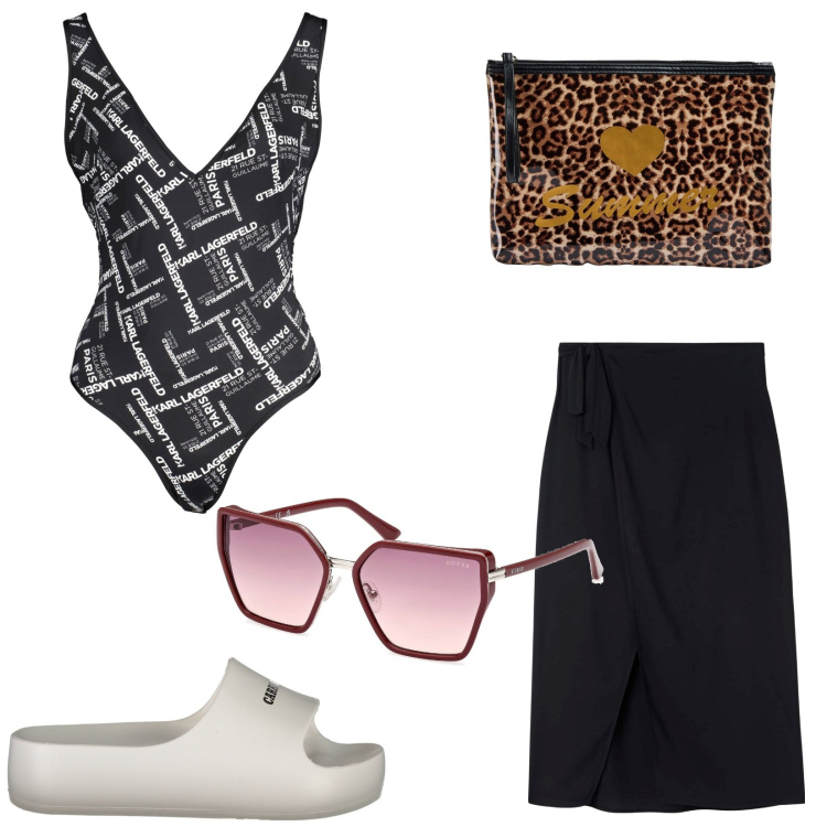 Outfit donna - Giornata al mare. Stile Trendy per Mare. Abbinamento con vestiti da spiaggia, costumi, costumi interi, ciabatte, occhiali da sole.
