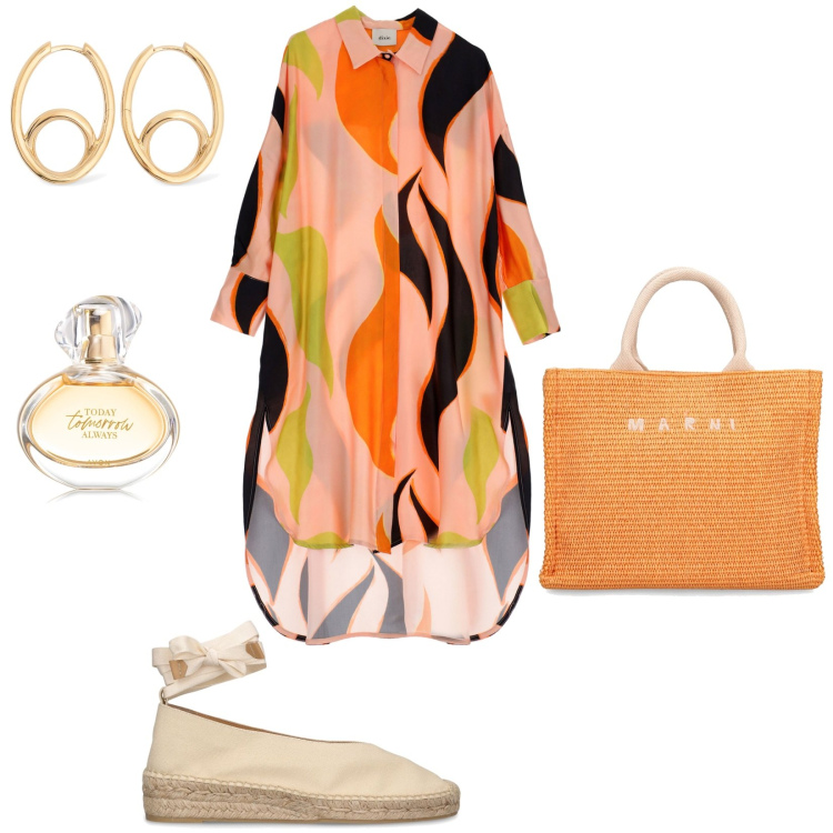 Outfit donna - Passione per le borse arancione. Stile Casual per Tutti i giorni. Abbinamento con profumi, vestiti asimmetrici, espadrillas, shopping bag, orecchini.