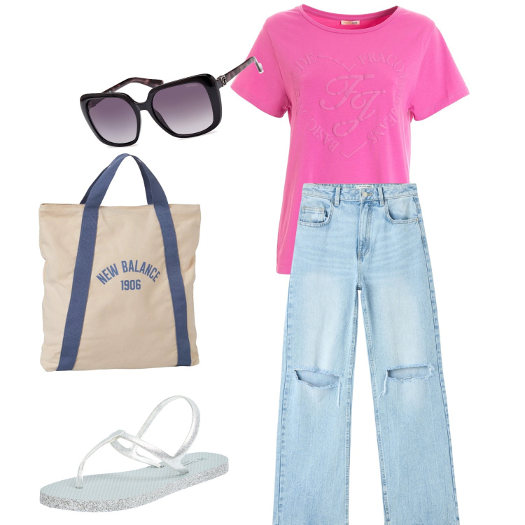 Outfit donna - Al supermercato. Stile Basic per Tutti i giorni. Abbinamento con jeans strappati, sandali, borse a mano, t-shirt, occhiali da sole.
