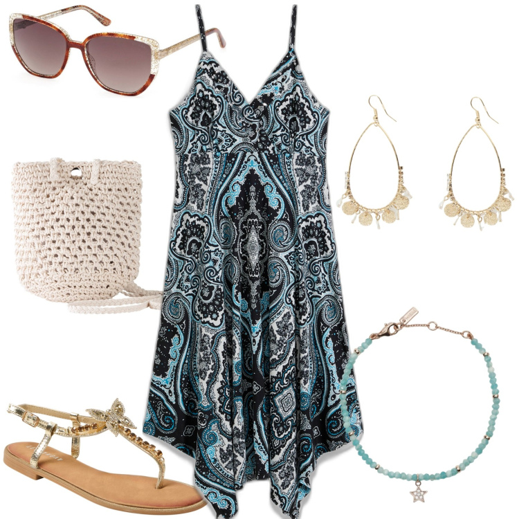 Outfit donna - Il vestito fantasia. Stile Casual chic per Tutti i giorni. Abbinamento con vestiti, borse a tracolla, sandali gioiello, braccialetti, orecchini, occhiali da sole.