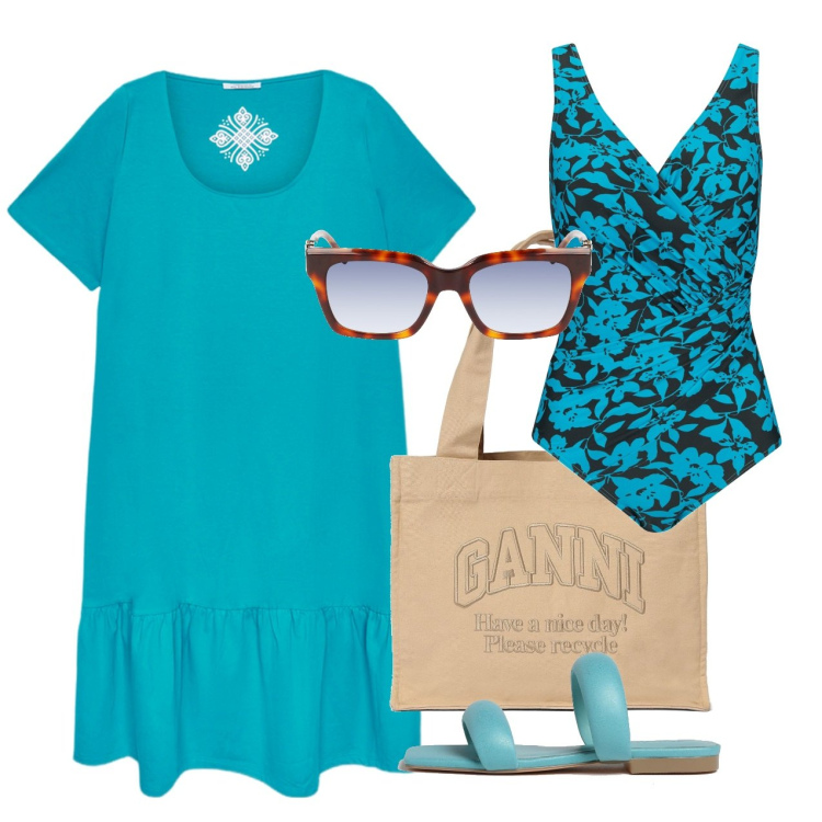 Outfit donna - Azzurro mare. Stile Bon Ton per Mare. Abbinamento con costumi interi, sandali in pelle, vestiti midi/longuette, shopping bag, occhiali da sole.