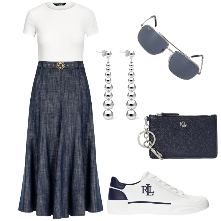 Outfit donna - Bianco&blu comoda con stile. Stile Casual chic per Tutti i giorni. Abbinamento con gonne longuette, t-shirt, portafogli, sneakers, orecchini, occhiali da sole.