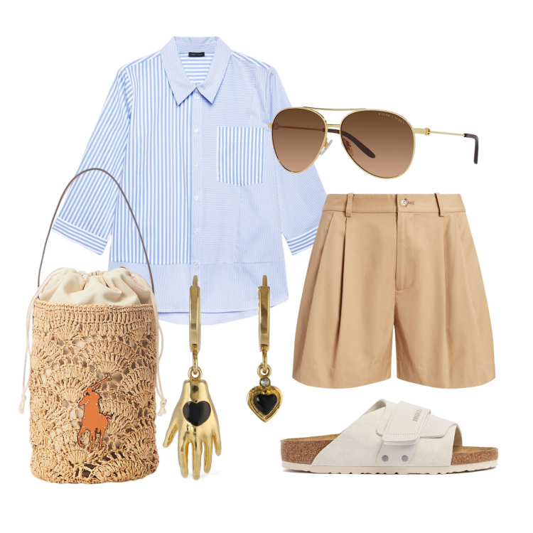 Outfit donna - Ghost outfitter - giugno. Stile Casual chic per Tutti i giorni. Abbinamento con occhiali da sole, borse a secchiello, minigonne, sandali, camicie, orecchini.