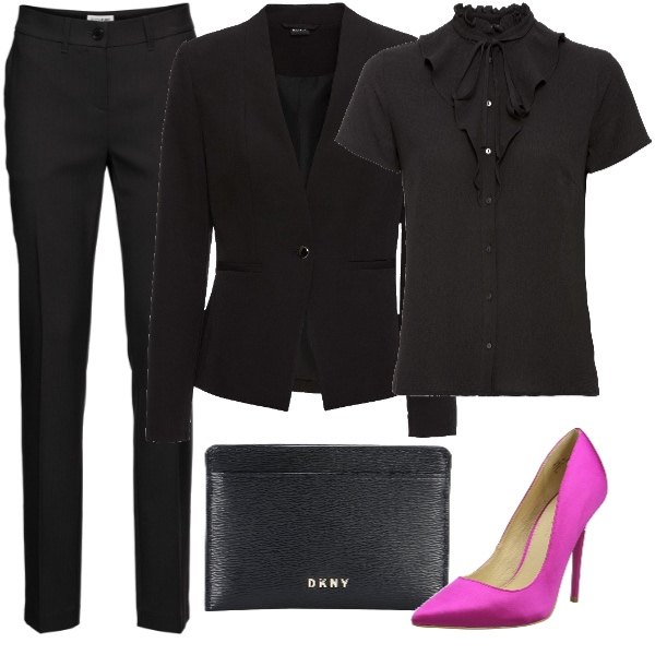 Outfit donna - Riunioni importanti. Stile Trendy per Ufficio. Abbinamento con pantaloni, blazer, blusa con volant colletto dritto a maniche corte crêpe nero, portadocumenti interno foderato in pelle tinta unita, top effetto satinato rosa.