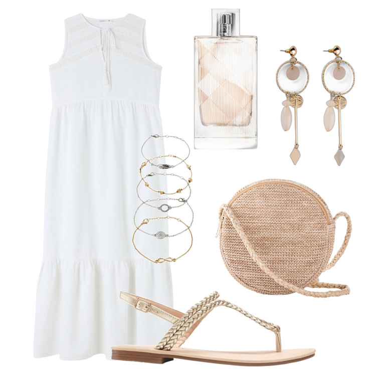 Outfit donna - Neutra, luccicante e profumata in città. Stile Basic per Tutti i giorni. Abbinamento con ciabatte, braccialetti con ciondoli, orecchini, borse a tracolla, profumi, vestiti midi/longuette.