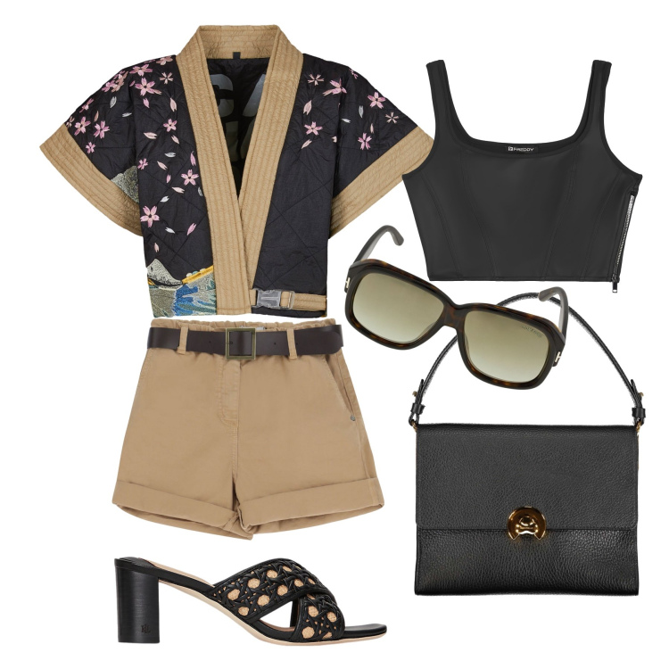 Outfit donna - Ghost outfitter - giugno. Stile Casual chic per Tutti i giorni. Abbinamento con shorts, top, sandali in pelle, kimono, borse a spalla, occhiali da sole.