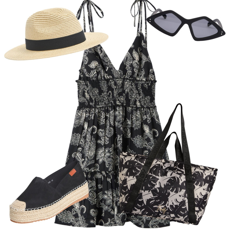 Outfit donna - Riviera. Stile Glamour per Mare. Abbinamento con cappelli, vestiti corti, espadrillas, shopping bag, occhiali da sole.
