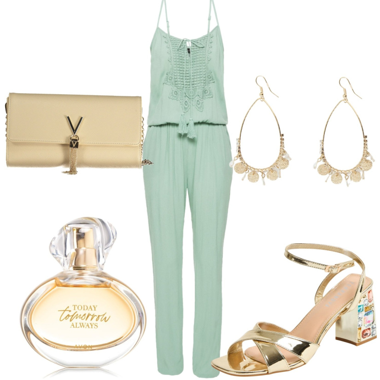Outfit donna - Sandali gioiello dorati. Stile Casual per Tutti i giorni. Abbinamento con tute, profumi, sandali gioiello, orecchini, borse a mano.