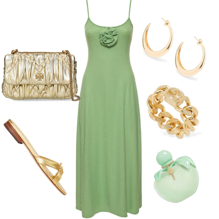 Outfit donna - Total look #1904503. Stile Casual per Tutti i giorni. Abbinamento con profumi, ciabatte, anelli, borse a spalla, vestiti midi/longuette, orecchini.