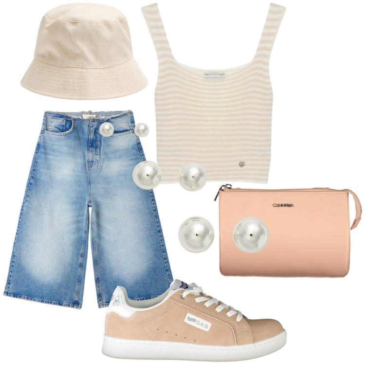 Outfit donna - Total look #1904509. Stile Trendy per Tutti i giorni. Abbinamento con jeans, cappelli, maglieria, orecchini, sneakers, borse a spalla.