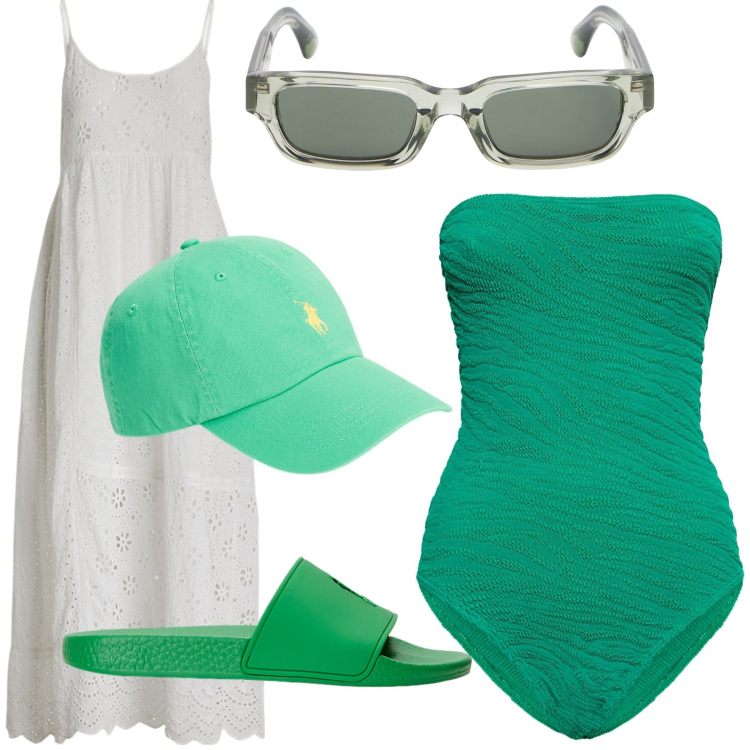 Outfit donna - Un mare di verde. Stile Bon Ton per Tutti i giorni. look ideale per Petite. Abbinamento con cappelli, ciabatte, vestiti, costumi interi, occhiali da sole.