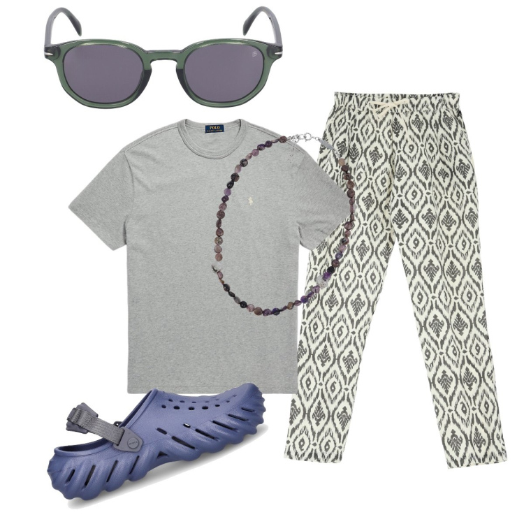 Outfit uomo - Libera uscita. Stile Trendy per Tutti i giorni. Abbinamento con pantaloni, t-shirt, occhiali da sole, sandali, collane.