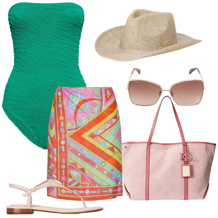 Outfit donna - Chic in spiaggia. Stile Chic per Mare. Abbinamento con borse tote, sandali in pelle, cappelli, costumi interi, occhiali da sole, vestiti da spiaggia.