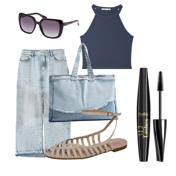 Outfit donna - In centro. Stile Bon Ton per Tutti i giorni. Abbinamento con mascara, canottiere, shopping bag, gonne lunghe, ballerine, occhiali da sole.