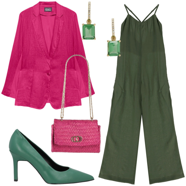 Outfit donna - Tuta. Stile Bon Ton per Tutti i giorni. look ideale per Petite. Abbinamento con décolleté, borse a mano, tute, orecchini, blazer.