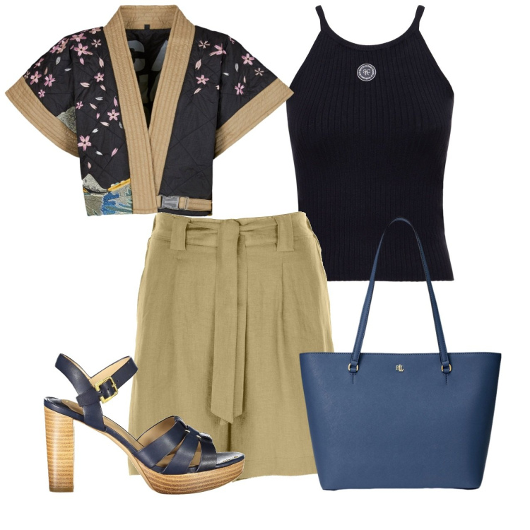 Outfit donna - Gioacchino orientale. Stile Bon Ton per Tutti i giorni. Abbinamento con borse tote, kimono, sandali col tacco, bermuda, canottiere.