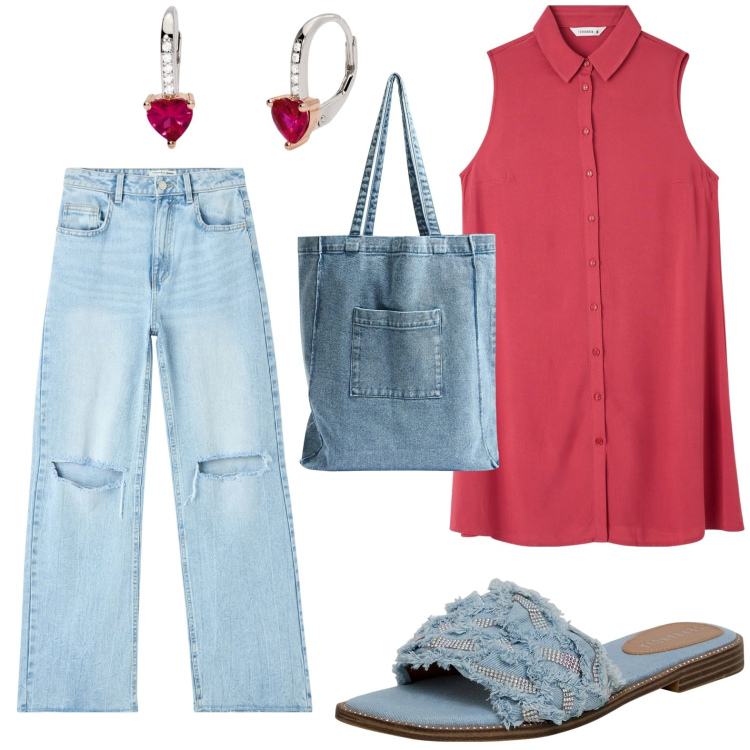 Outfit donna - Jeans. Stile Bon Ton per Tutti i giorni. look ideale per Petite. Abbinamento con jeans strappati, ciabatte, shopping bag, camicie, orecchini.