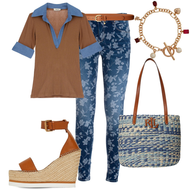 Outfit donna - I jeans a fiori. Stile Casual per Ufficio. Abbinamento con jeans, camicie a manica corta, cinture, borse tote, braccialetti, espadrillas.