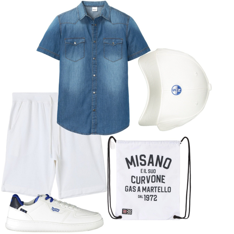 Outfit uomo - Total look #1904624. Stile Casual per Tutti i giorni. Abbinamento con camicie a manica corta, borse sportive, shorts, cappelli con visiera, sneakers.