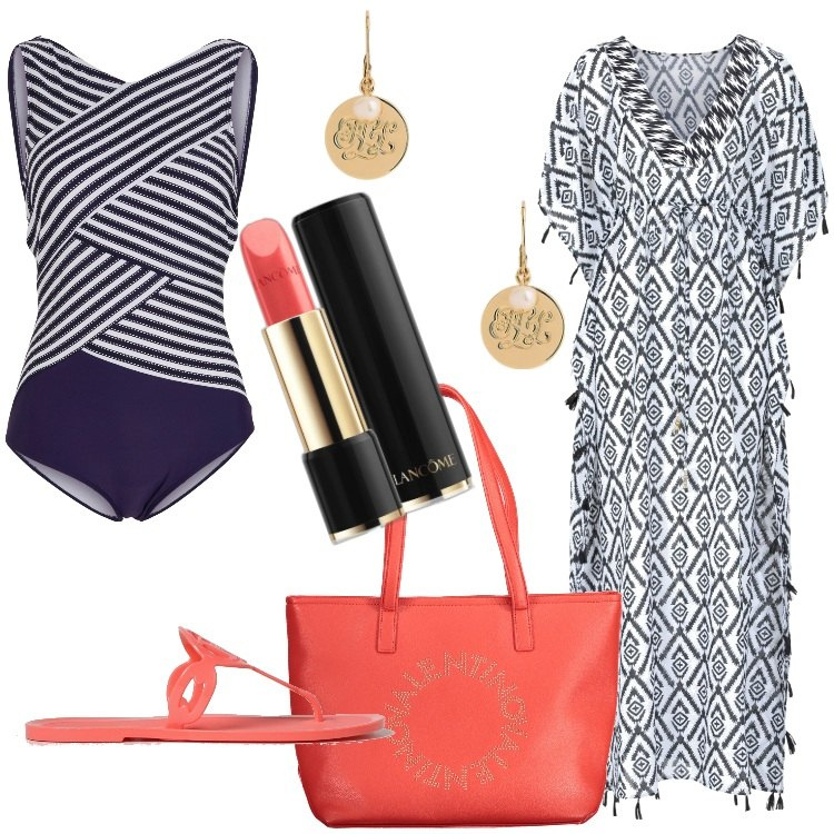 Outfit donna - Il mio look per un giorno al mare. Stile Etnico per Mare. Abbinamento con costumi interi, vestiti da spiaggia, rossetti, orecchini, borse a spalla, ciabatte.