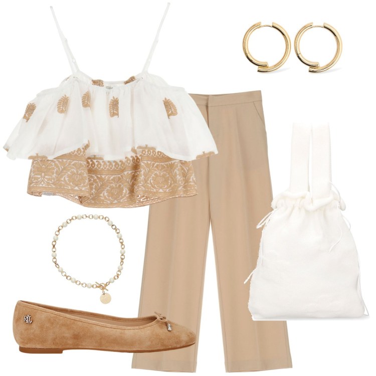 Outfit donna - In vacanza. Stile Bon Ton per Tutti i giorni. look ideale per Petite. Abbinamento con pantaloni, top, collane, ballerine, borse a mano, orecchini.