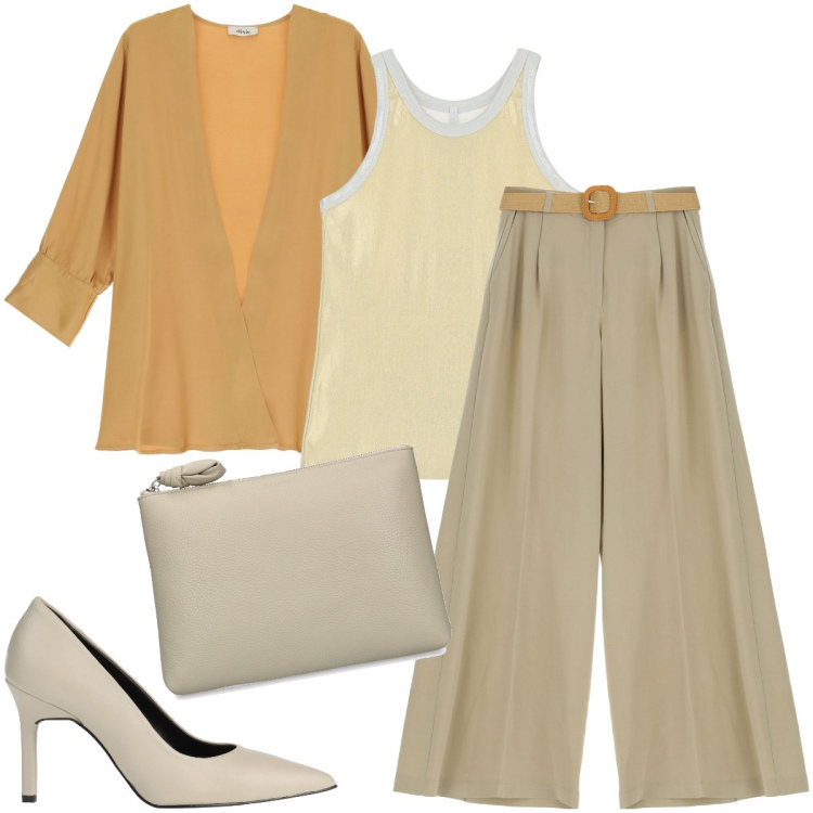 Outfit donna - Il cardigan over size. Stile Bon Ton per Serata fuori. Abbinamento con décolleté, pantaloni a palazzo, canottiere, cardigans, pochette.