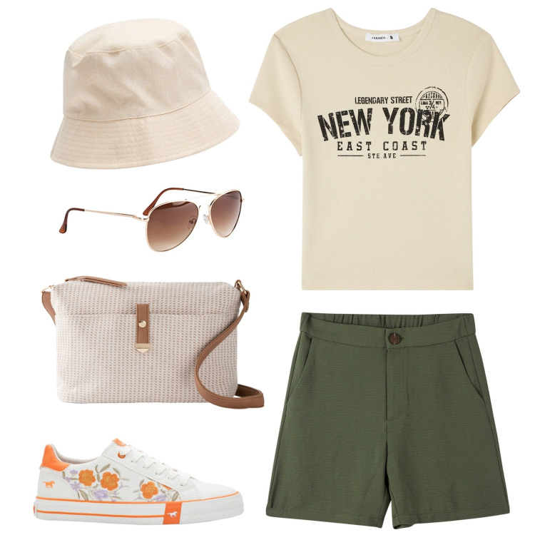 Outfit donna - Leggera. Stile Basic per Tutti i giorni. Abbinamento con occhiali da sole, sneakers, borse a tracolla, t-shirt, bermuda, cappelli.