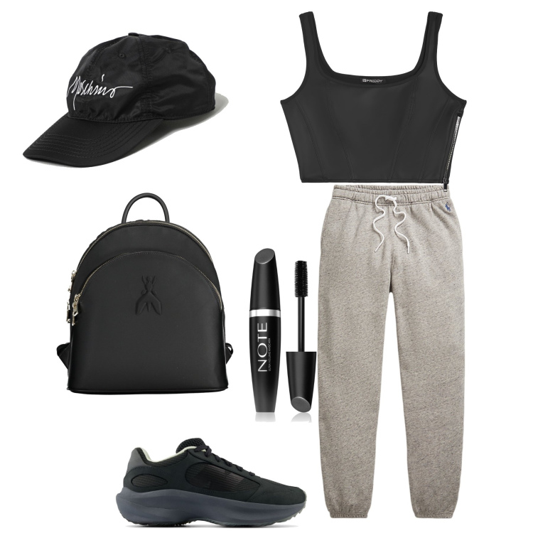 Outfit donna - Palestra. Stile Sporty chic per Sport. Abbinamento con mascara, sneakers, top, pantaloni sportivi, cappelli con visiera, zaini.