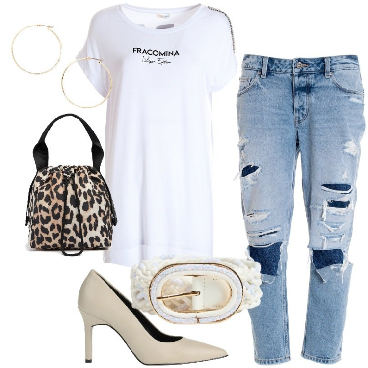 Outfit donna - Jeans boyfriend cropped. Stile Casual per Ufficio. Abbinamento con décolleté, cinture, jeans boyfriend, t-shirt, orecchini, borse a mano.