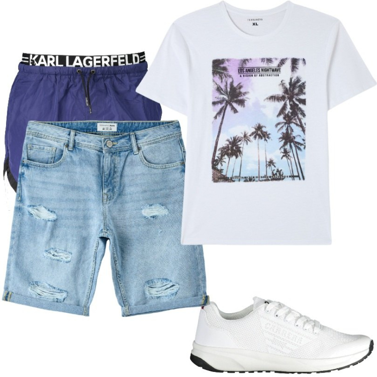 Outfit uomo - Shorts jeans con strappi. Stile Casual per Mare. Abbinamento con t-shirt, shorts, scarpe sportive, costumi.
