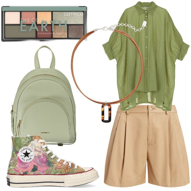 Outfit donna - Look fresco e trendy. Stile Trendy per Tutti i giorni. Abbinamento con ombretti, minigonne, ciondoli, camicie, sneakers, zaini.