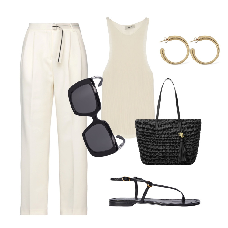 Outfit donna - L’essenziale. Stile Minimal per Tutti i giorni. Abbinamento con pantaloni, canottiere, sandali in pelle, borse tote, occhiali da sole, orecchini.