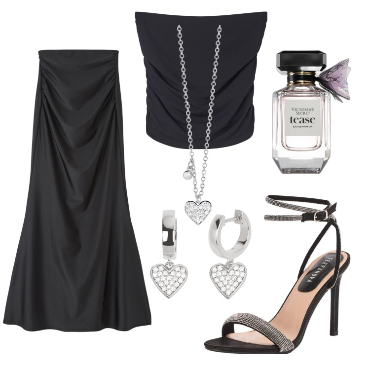Outfit donna - Sexy con classe in un attimo. Stile Sexy per Serata fuori. Abbinamento con profumi, top, gonne lunghe, sandali col tacco, orecchini, collane.